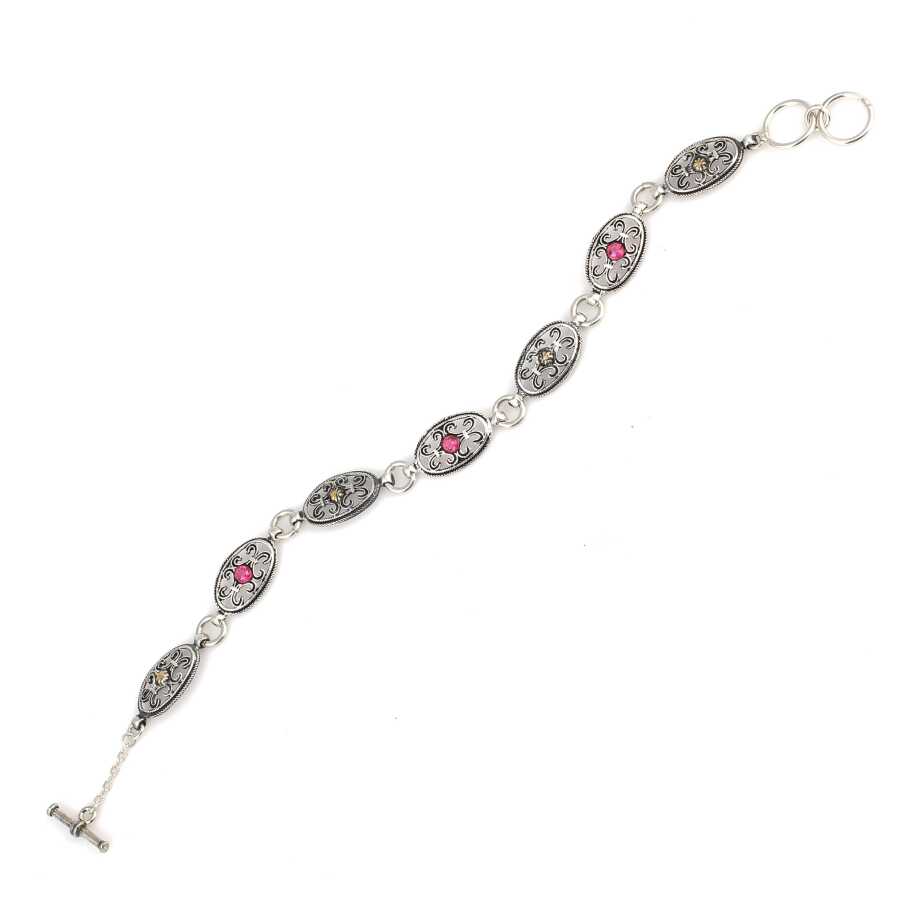 Sterling Silver & Bronze Antique Bracelet - Red Zircon Oval Design