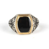 925 Sterling Silver Men's Ring - Black Enamel with Zircon Stones