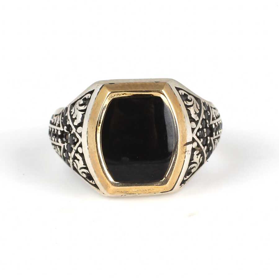 925 Sterling Silver Men's Ring - Black Enamel with Zircon Stones