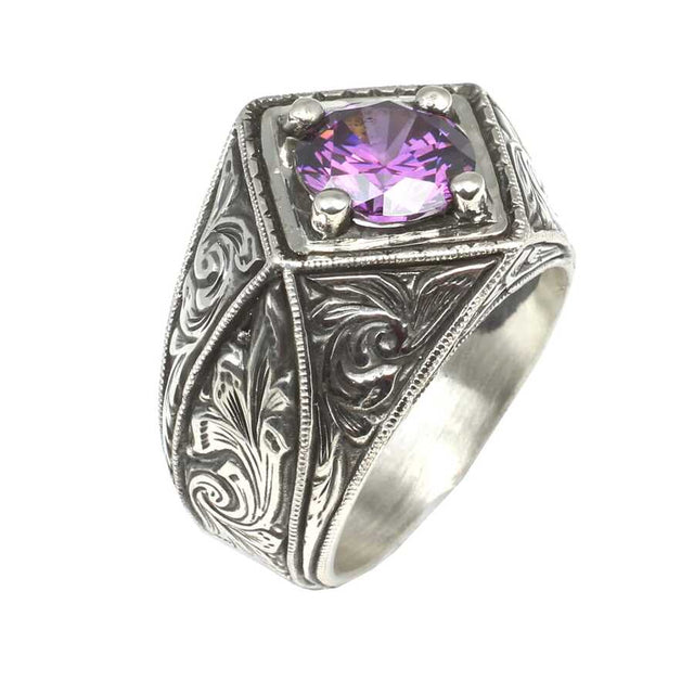 925 Sterling Silver Amethyst Men's Ring - Handcrafted Cross Design