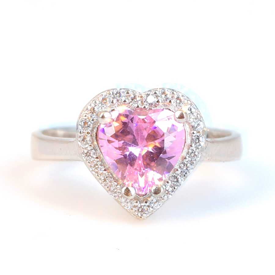925 Sterling Silver Heart Rose Quartz & Zircon Halo Ring