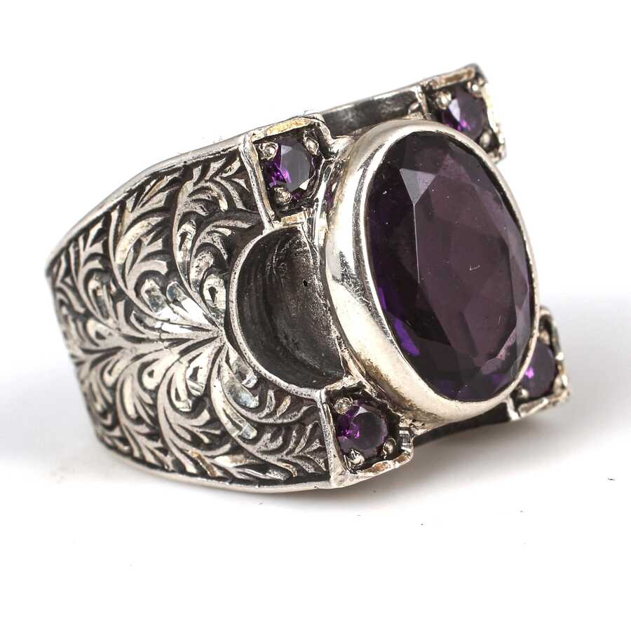 Sterling Silver Men's Amethyst Ring - Handcrafted Engraved Design