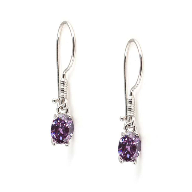 925 Sterling Silver Oval Amethyst Drop Earrings - Petite Design