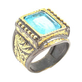 Sterling Silver Rectangular Aquamarine Men's Ring - Hand-Engraved