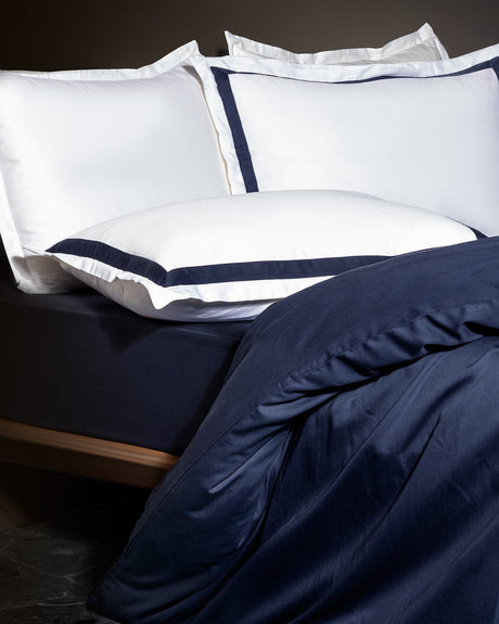 King Size Satin Duvet Cover Set - White & Navy Blue Border Accent Bedding