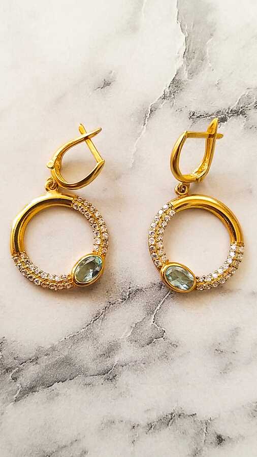 Sterling Silver Aquamarine & Zircon Round Stone Earrings