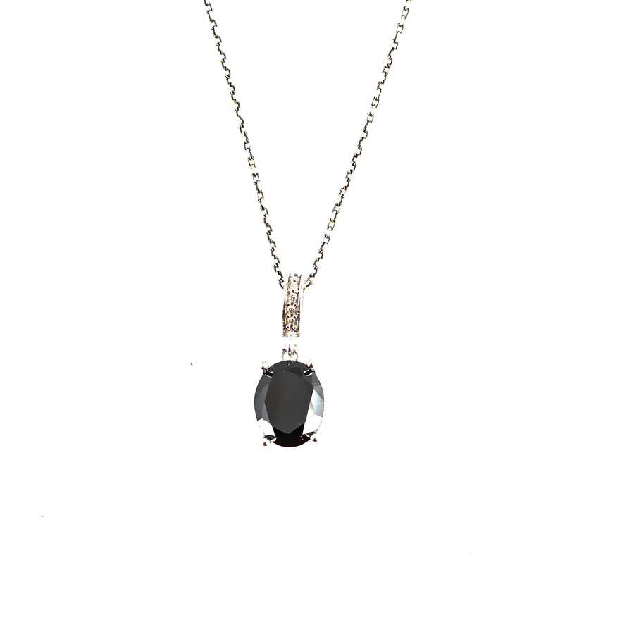 925 Sterling Silver Oval Black Onyx Gemstone Pendant Necklace