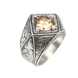 925 Sterling Silver Men's Citrine Cross Square Hand-Engraved Ring