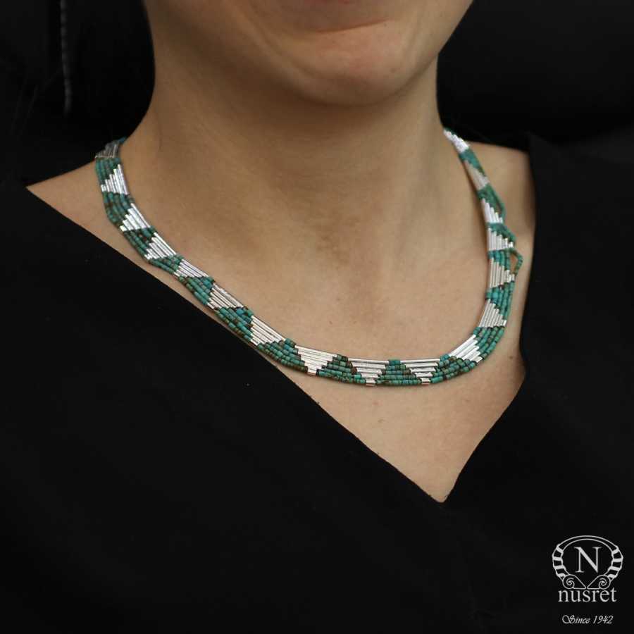 925 Sterling Silver Turquoise 5-Row Necklace - Unique Artisan Design