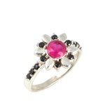 925 Sterling Silver Synthetic Ruby & Onyx Flower Ring
