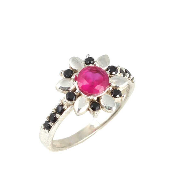 925 Sterling Silver Synthetic Ruby & Onyx Flower Ring