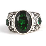 Hand-Engraved 925 Sterling Silver Men's Ring with Synthetic Emerald