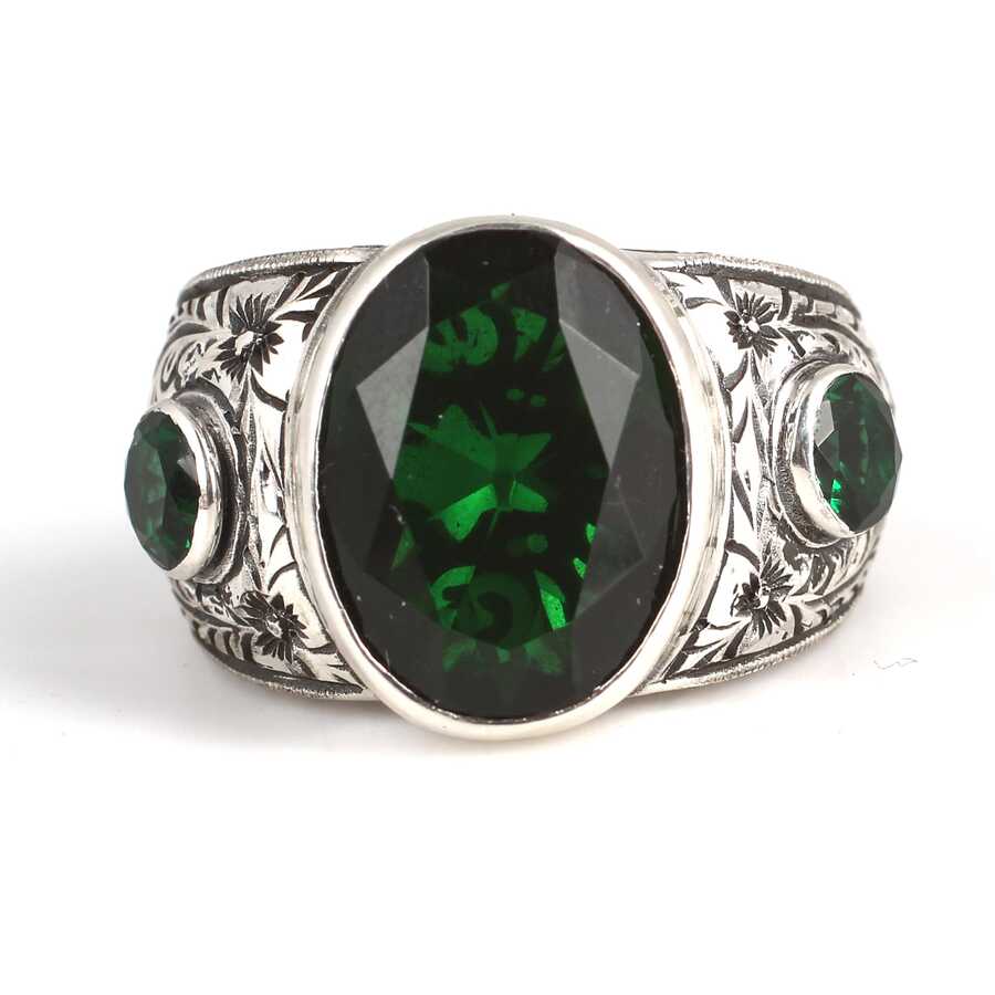Hand-Engraved 925 Sterling Silver Men's Ring with Synthetic Emerald