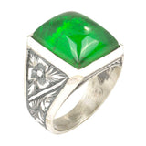 925 Sterling Silver Men's Ring - Hand-Engraved Green Pressed Amber