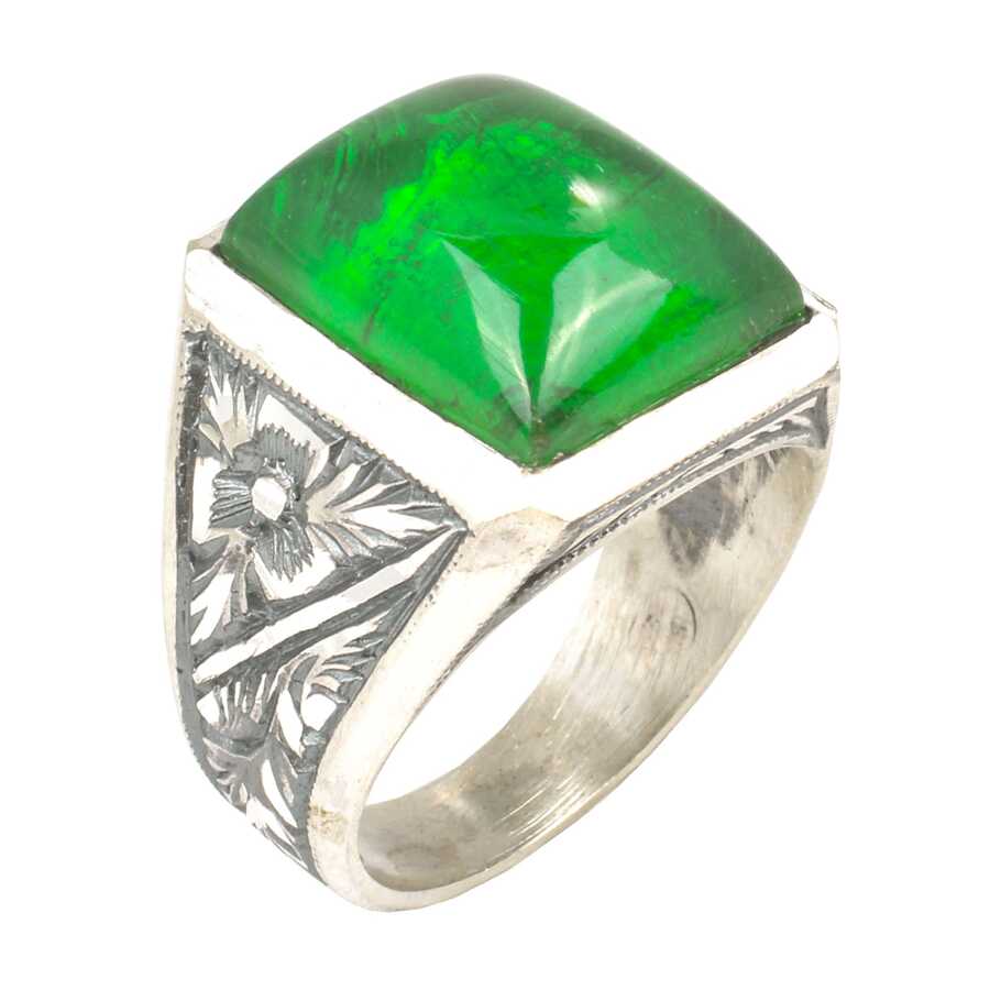 925 Sterling Silver Men's Ring - Hand-Engraved Green Pressed Amber