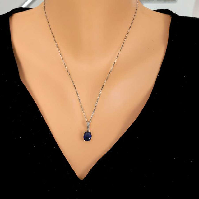925 Sterling Silver Oval Synthetic Sapphire Solitaire Necklace