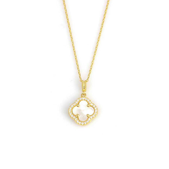 Premium 925 Sterling Silver Zircon Edged Mother of Pearl Clover Necklace