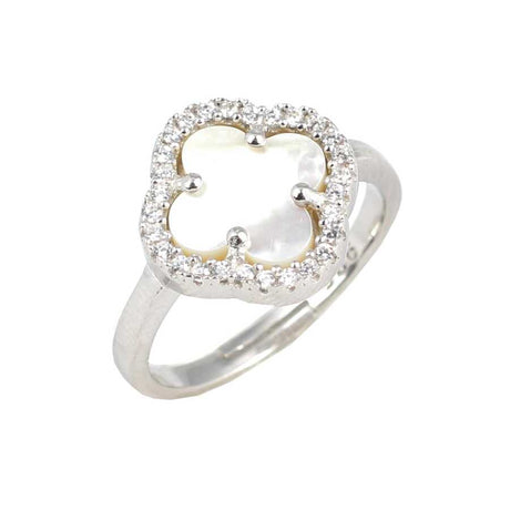 Elegant 925 Sterling Silver Mother of Pearl Clover Antourage Ring