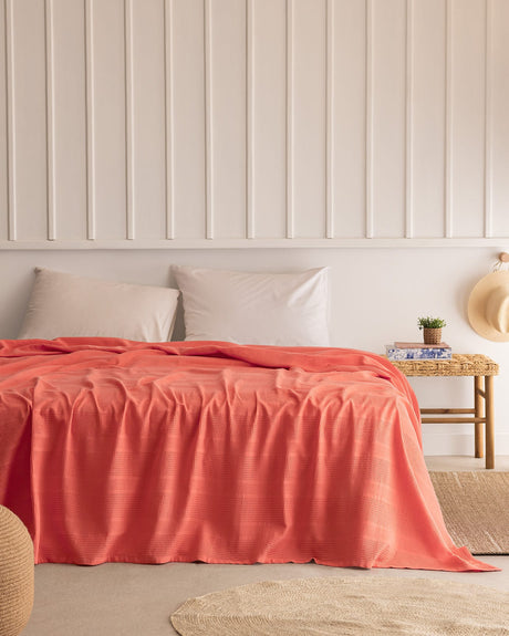 Double 100% Cotton Carded Flat Weave Pike Blanket, Coral