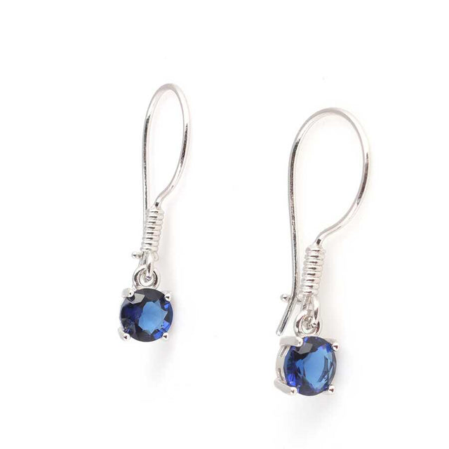 Sterling Silver Round Synthetic Sapphire Dangle Earrings - Elegant & Petite
