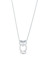 Sterling Silver Owl Pendant Necklace - White Zircon & Wisdom Symbol