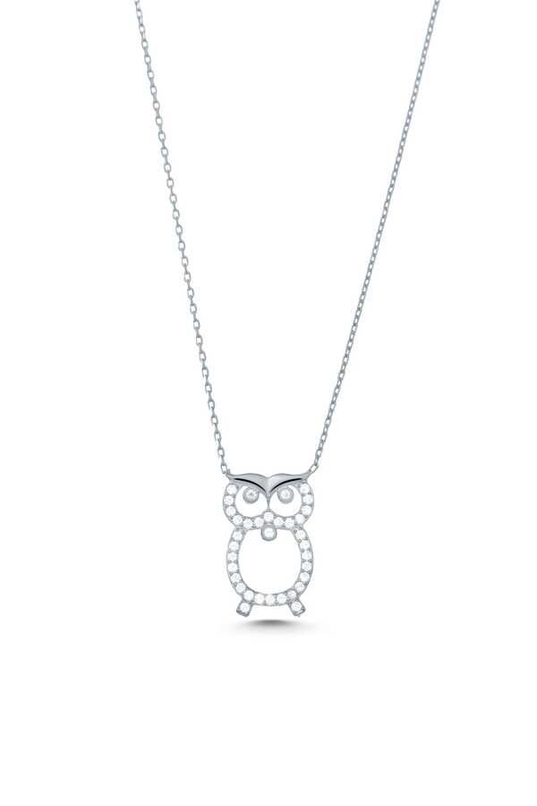 Sterling Silver Owl Pendant Necklace - White Zircon & Wisdom Symbol