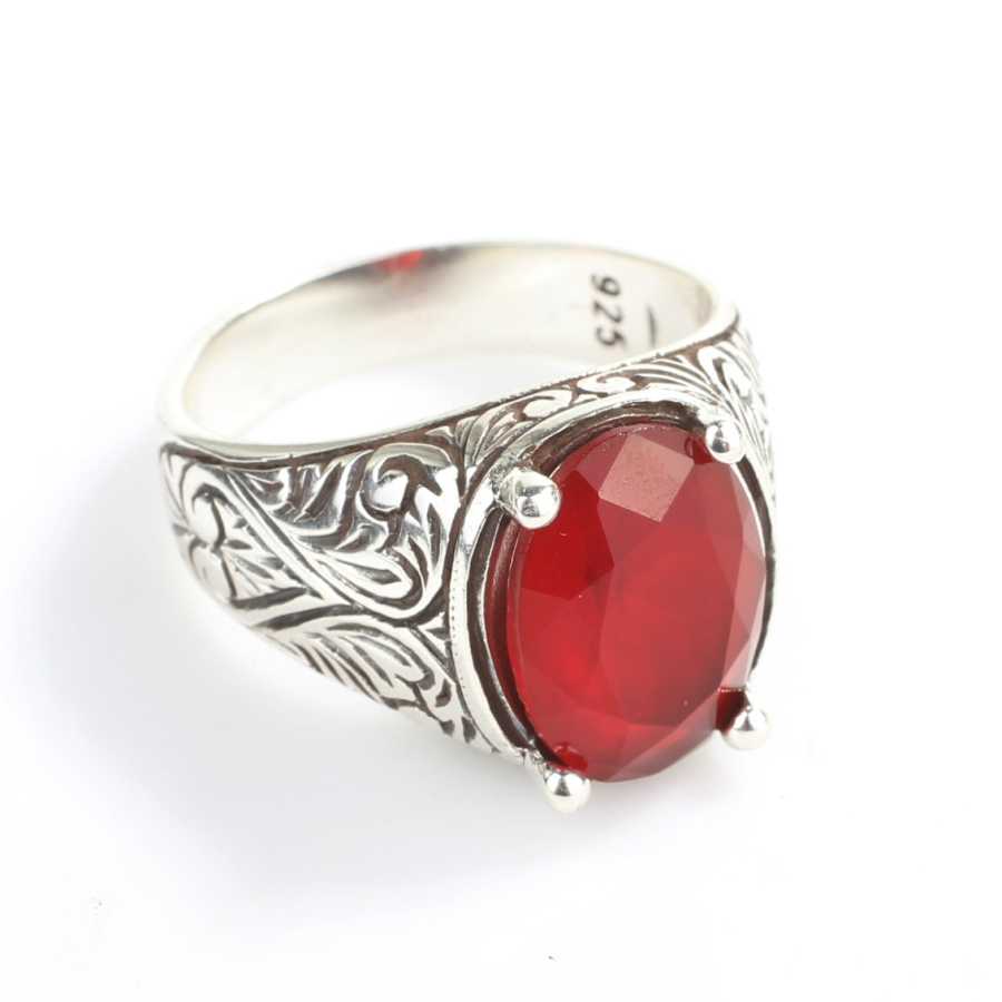Men's 925 Sterling Silver Oval Synthetic Ruby Engraved Ring