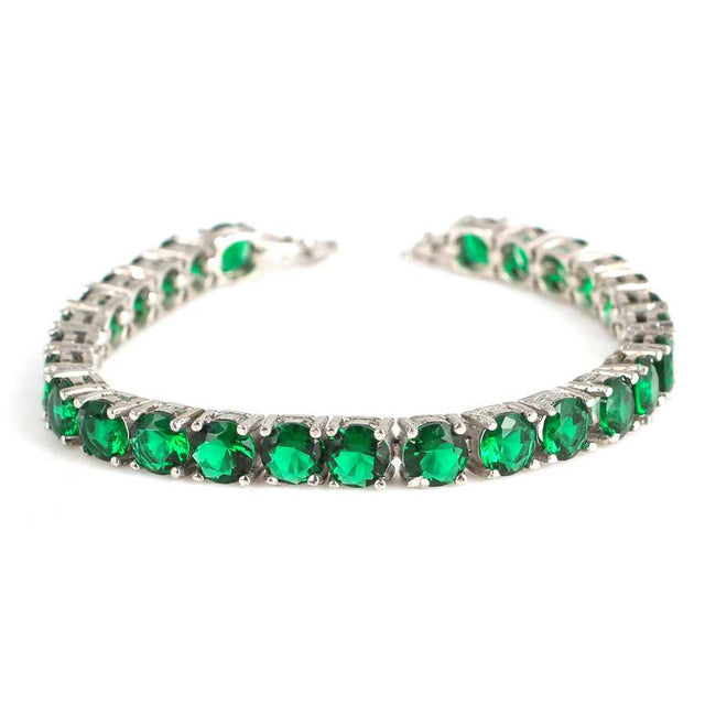 925 Sterling Silver Large Round Synthetic Emerald Tennis Bracelet