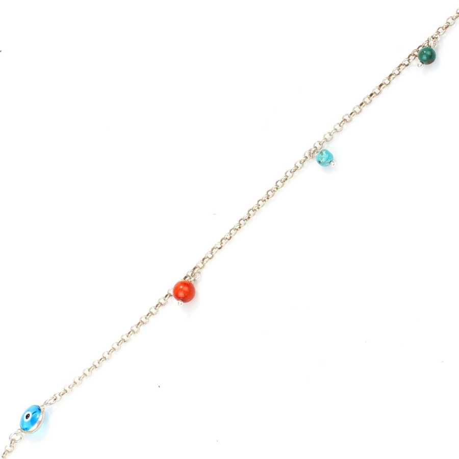 Sterling Silver Coral, Turquoise & Evil Eye Charm Anklet