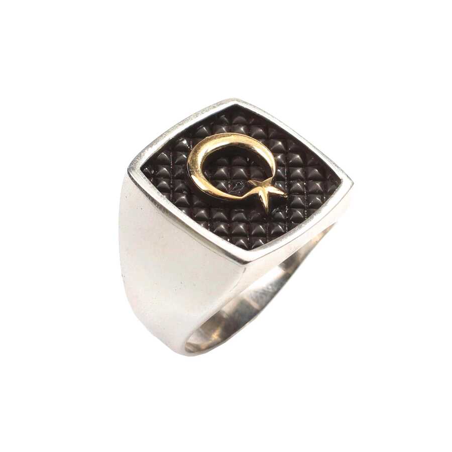 925 Sterling Silver Men's Ring - Embossed Crescent and Star
