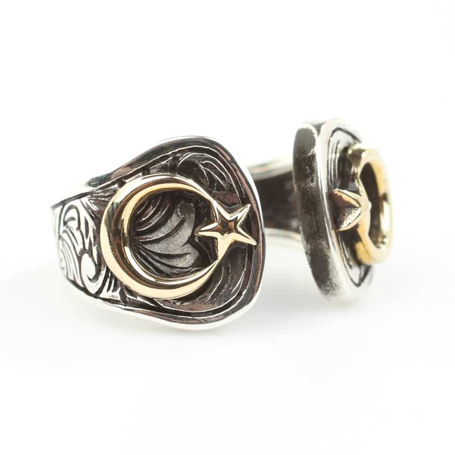 Bague pour homme en argent sterling - Croissant et étoile gravés à la main