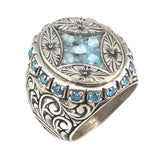925 Sterling Silver Finely Detailed Flower Motif Blue Stone Men's Ring