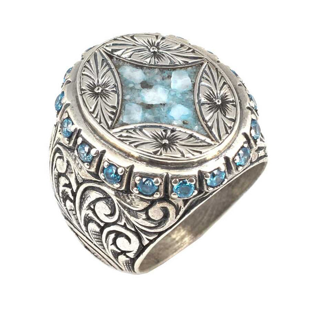 925 Sterling Silver Finely Detailed Flower Motif Blue Stone Men's Ring