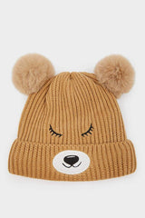 Baby Bear Face Knitted Beanie - Fleece Lined, Pom - Poms - TryAladdin
