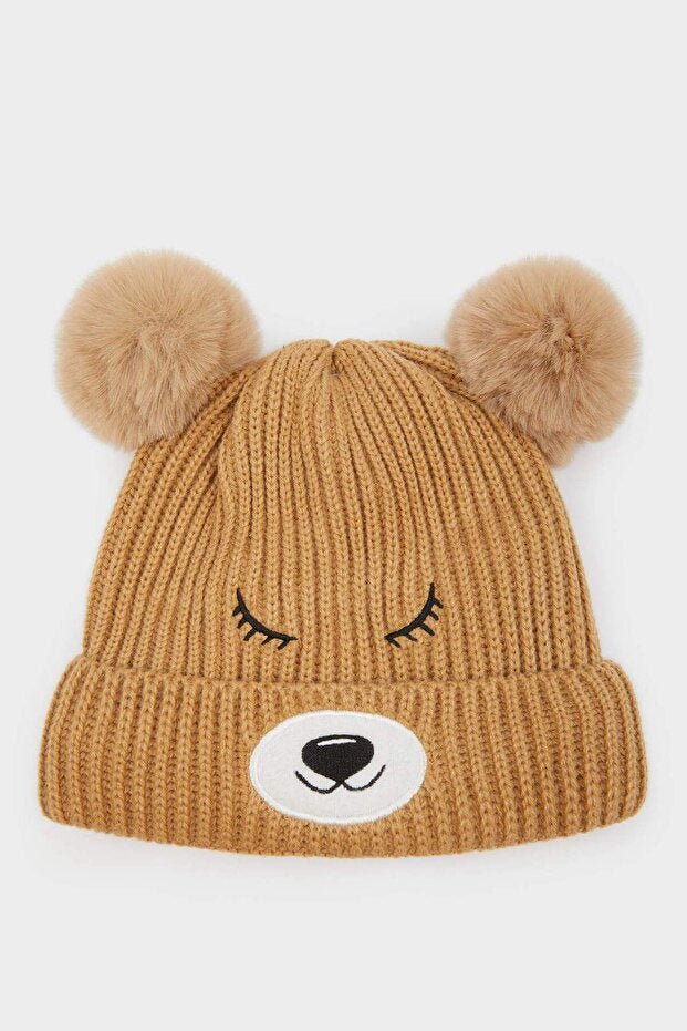 Baby Bear Face Knitted Beanie - Fleece Lined, Pom - Poms - TryAladdin
