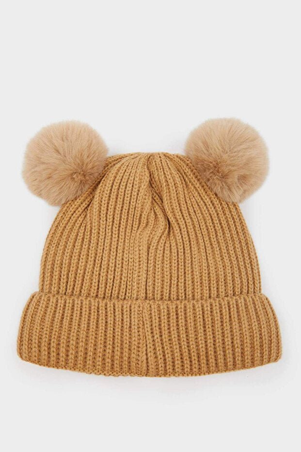 Baby Bear Face Knitted Beanie - Fleece Lined, Pom - Poms - TryAladdin