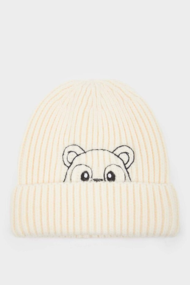 Baby Boy Peeking Bear Embroidered Knitted Beanie - TryAladdin
