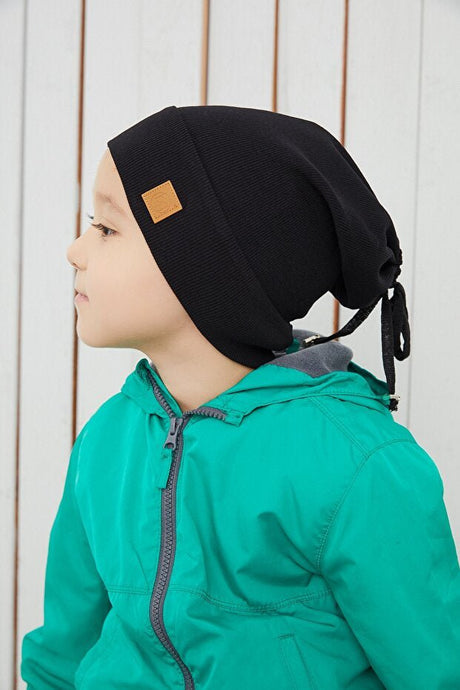 Baby Kids Black Ribbed Beanie Hat - Handmade cotton - TryAladdin