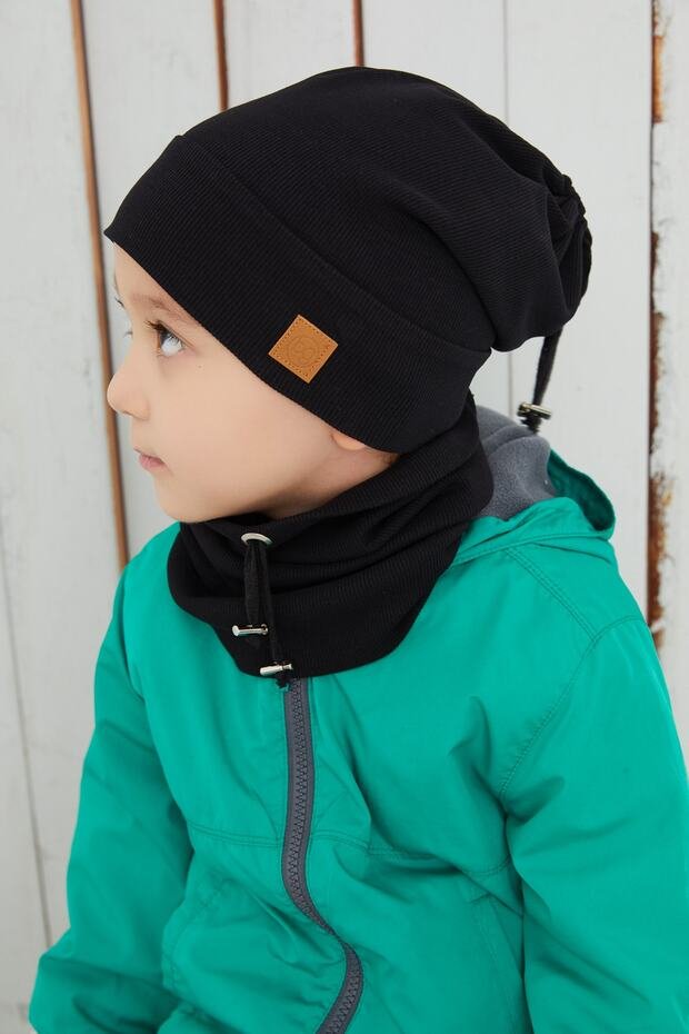 Baby Kids Black Ribbed Beanie Hat - Handmade cotton - TryAladdin