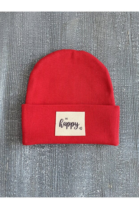 Baby/child Ribbed Beanie - 'BE happy' Label, Red - TryAladdin
