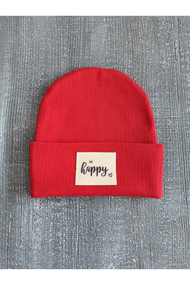 Baby/child Ribbed Beanie - 'BE happy' Label, Red - TryAladdin