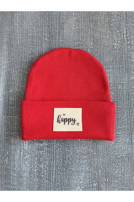 Baby/Child Ribbed Beanie - 'BE happy' Label, Red - TryAladdin