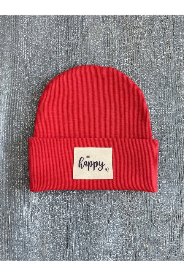 Baby/Child Ribbed Beanie - 'BE happy' Label, Red - TryAladdin