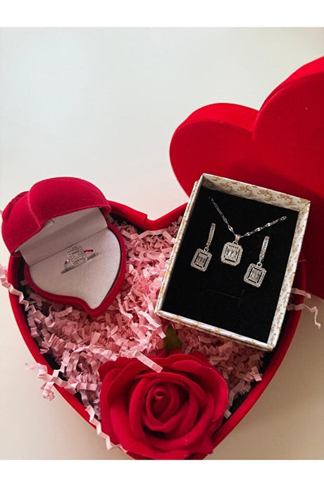 Baguette Stone Jewelry Set - Ring, Necklace & Earrings in Heart Box - TryAladdin