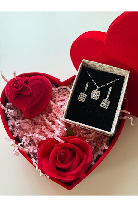Baguette Stone Jewelry Set - Ring, Necklace & Earrings in Heart Box - TryAladdin