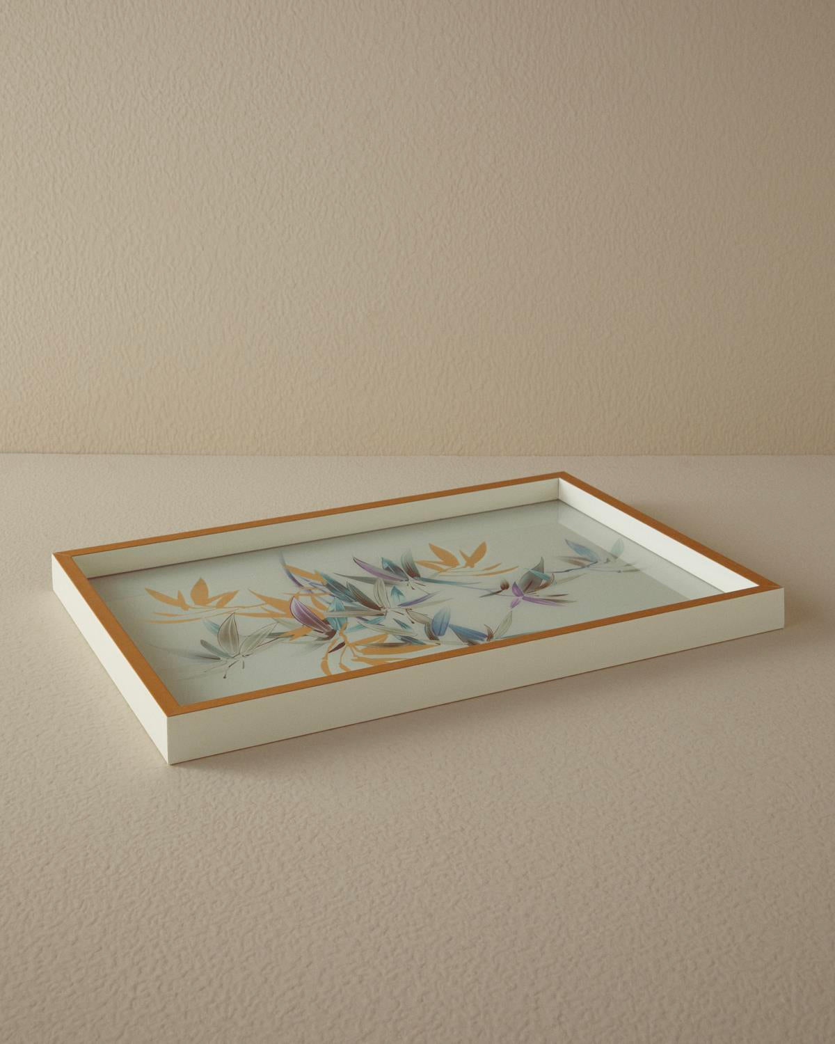 Vassoio decorativo elegante in bambù e vetro — finitura crema dorata
