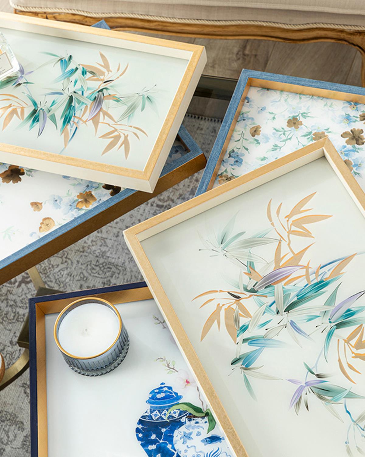 Vassoio decorativo elegante in bambù e vetro — finitura crema dorata