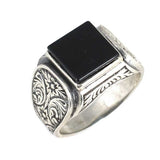 925 Sterling Silver Men's Ring with Square Onyx - Patterned Design