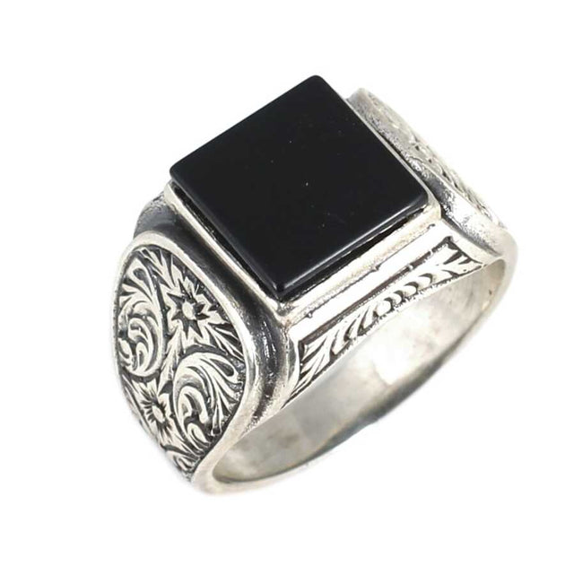 925 Sterling Silver Men's Ring with Square Onyx - Patterned Design