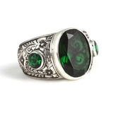 Hand-Engraved 925 Sterling Silver Men's Ring with Synthetic Emerald